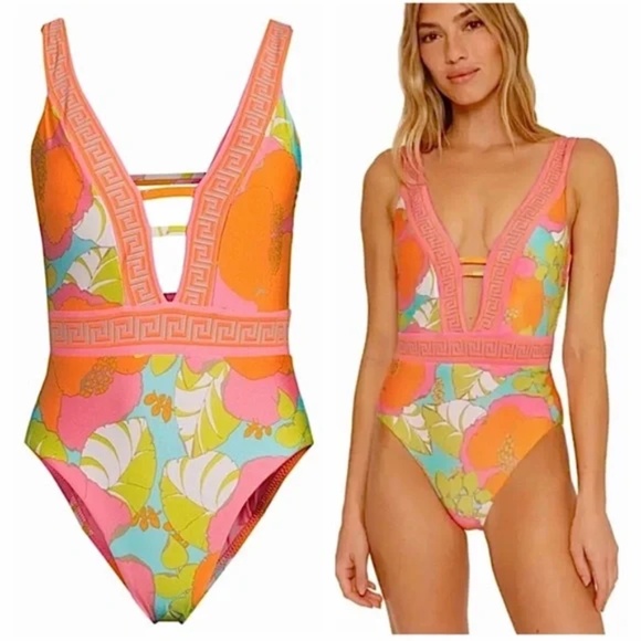 Trina Turk $162 Playa De Flor Plunge One Piece Swimsuit Size 10
